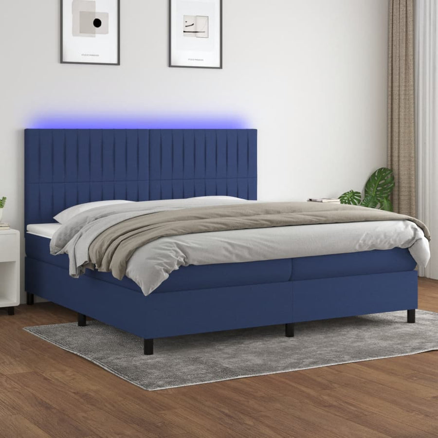 Boxspring Met Matras En Led Stof Blauw 200 x 200 cm Verticale strepen