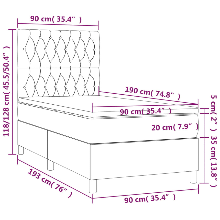 Boxspring met matras en LED stof lichtgrijs 90x190 cm 90 x 190 cm Lichtgrijs