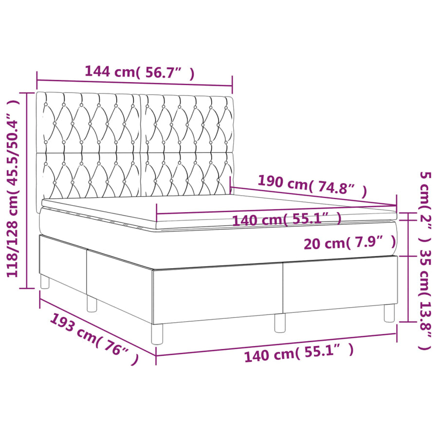 Boxspring met matras en LED stof lichtgrijs 140x190 cm 140 x 190 cm Getuft ontwerp