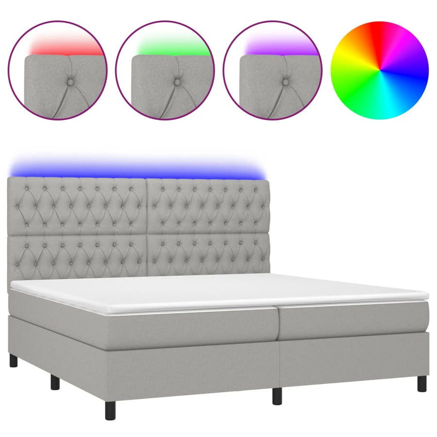 Boxspring met matras en LED stof lichtgrijs 200x200 cm 200 x 200 cm Getuft ontwerp