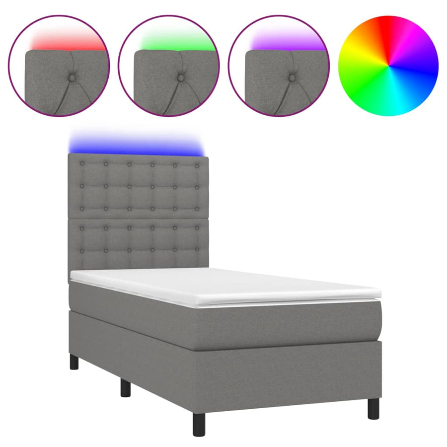 Boxspring Met Matras En Led Stof Donkergrijs 90X190 Cm Donkergrijs 90 x 190 cm Knopen