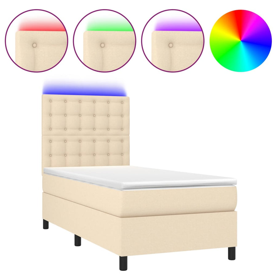 Boxspring Met Matras En Led Stof Crèmekleurig 80X200 Cm Crème 90 x 200 cm Knopen