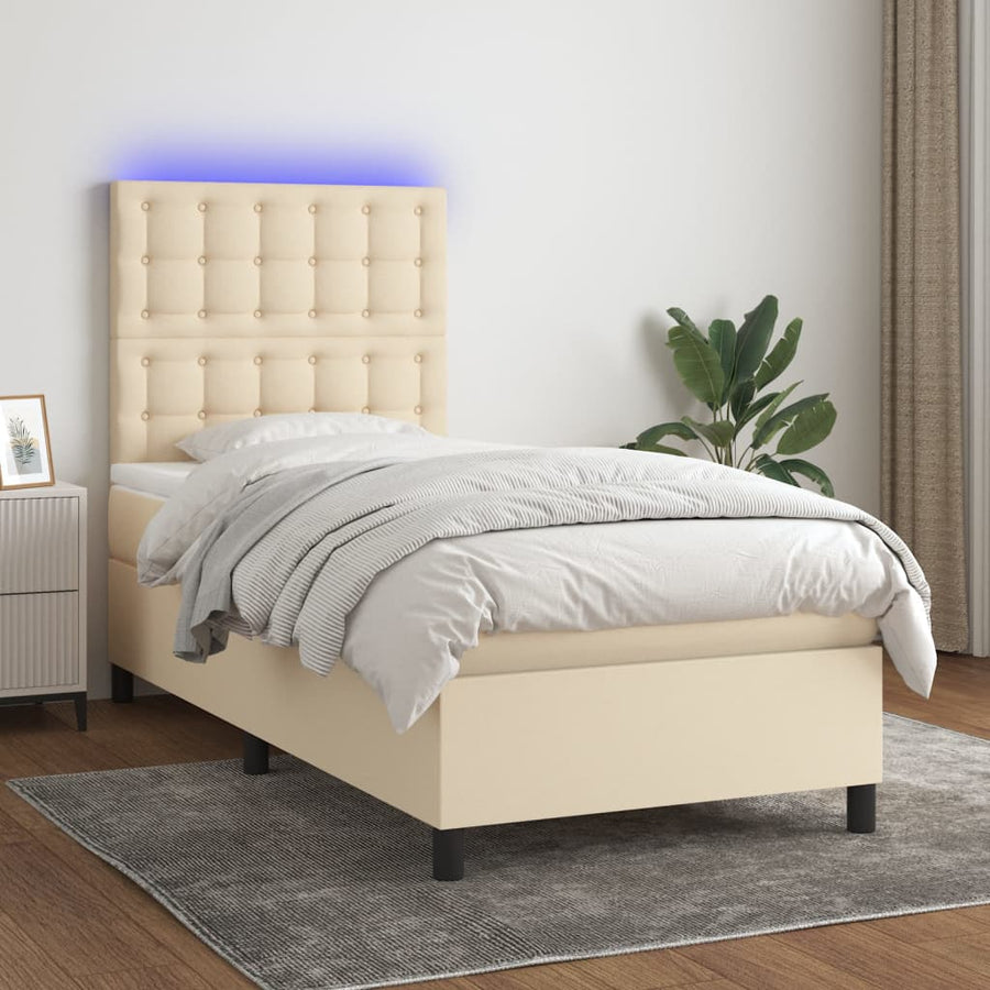 Boxspring Met Matras En Led Stof Crèmekleurig 80X200 Cm Crème 90 x 200 cm Knopen
