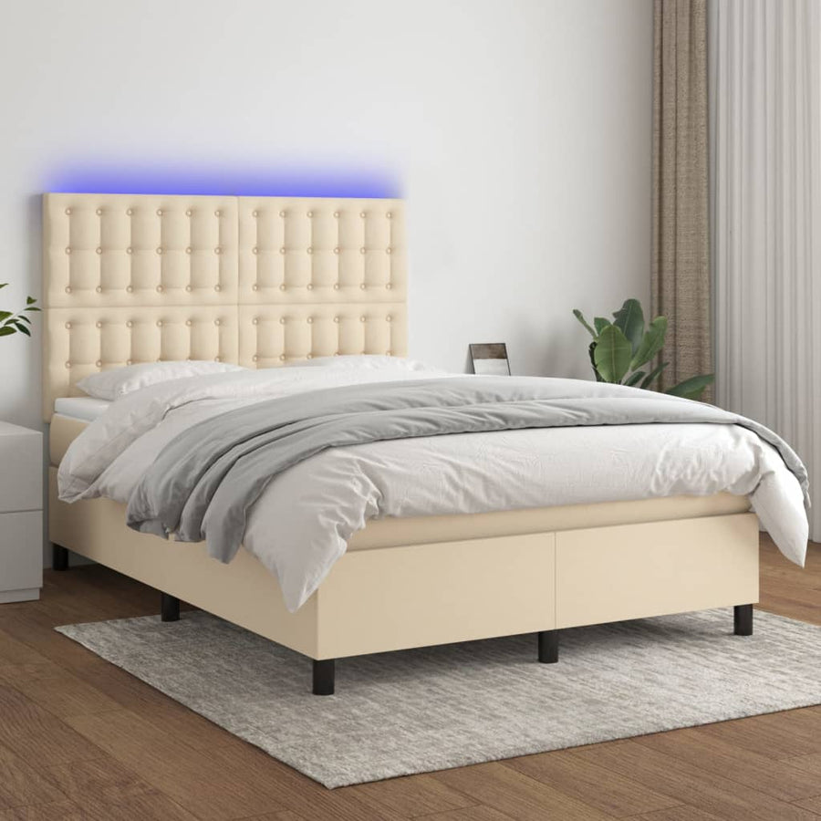 Boxspring Met Matras En Led Stof Kleurig Crème 140 x 190 cm Knopen