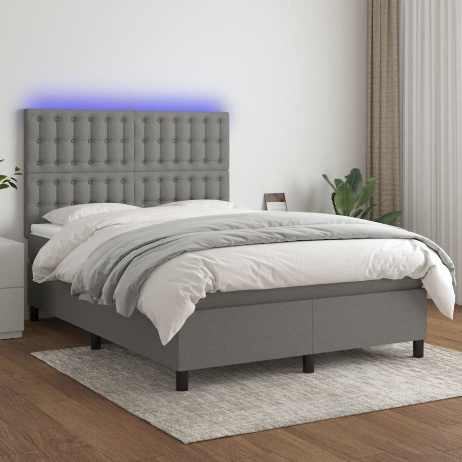 Boxspring Met Matras En Led Stof Donkergrijs 140 x 200 cm Knopen