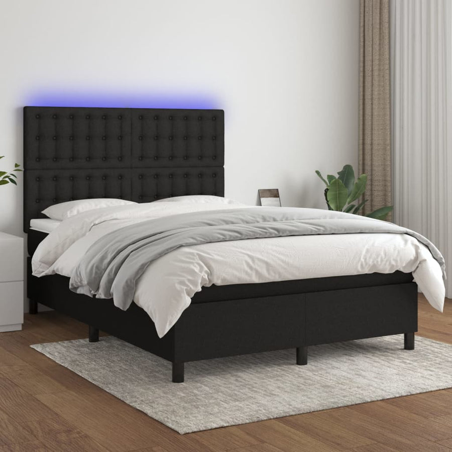 Boxspring Met Matras En Led Stof Zwart 140 x 200 cm Knopen