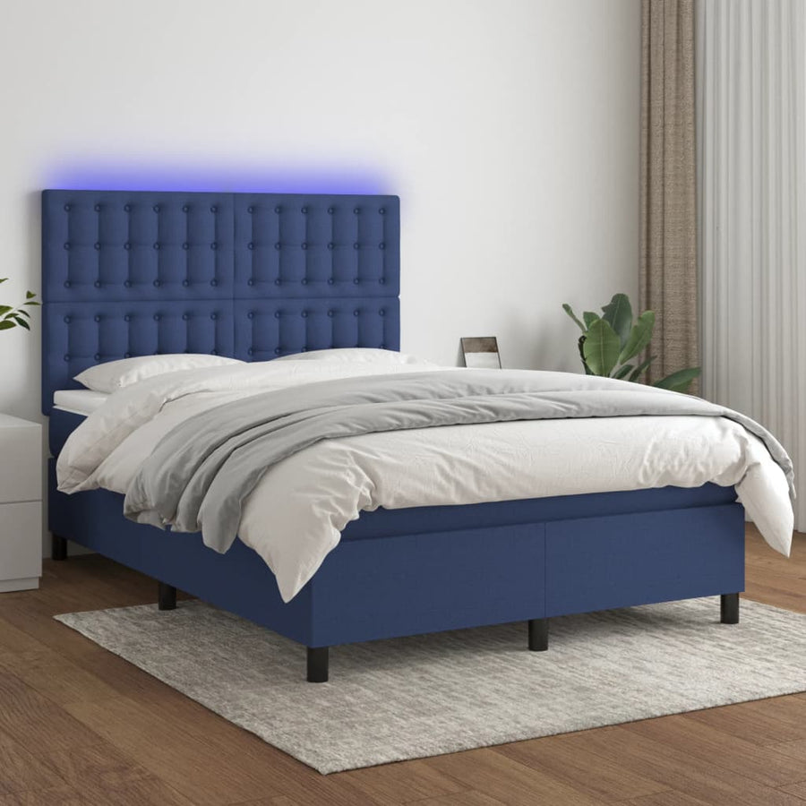 Boxspring Met Matras En Led Stof Blauw 140X200 Cm Blauw 140 x 200 cm Knopen