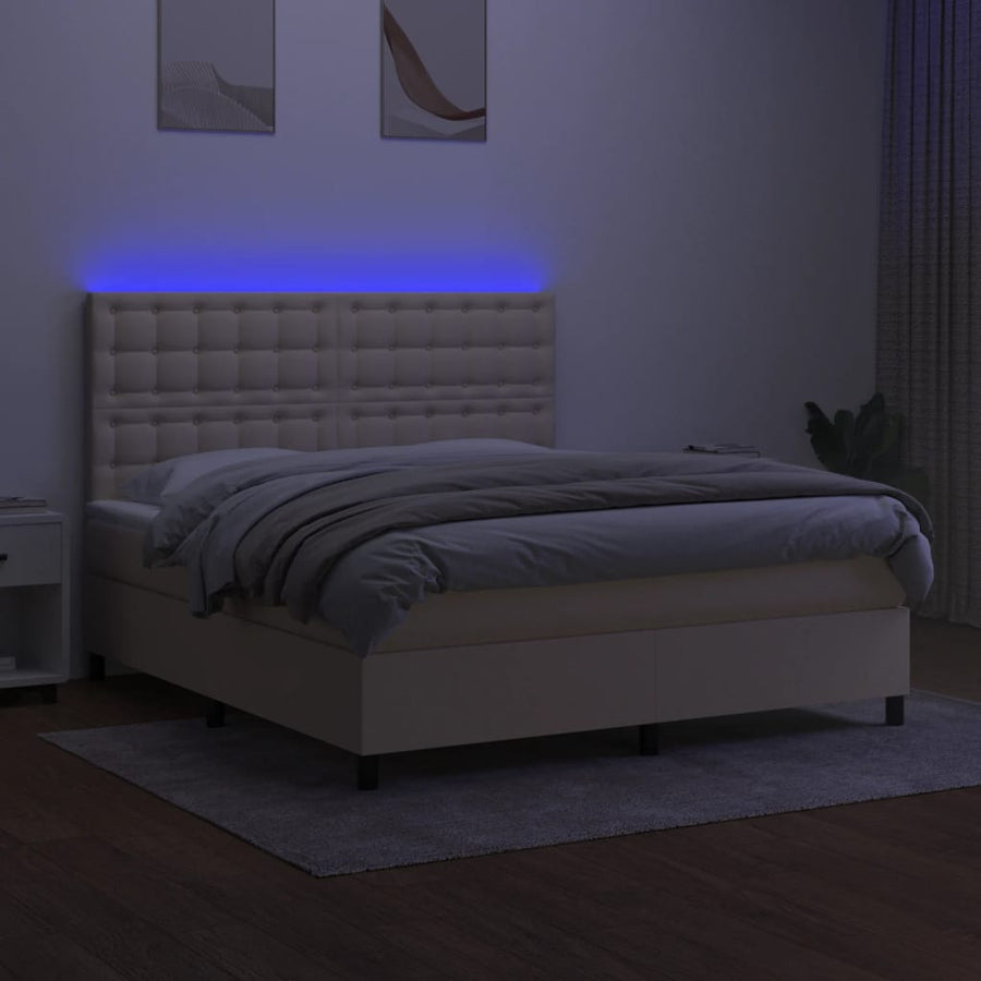 Boxspring Met Matras En Led Stof Crèmekleurig 180X200 Cm 180 x 200 cm Knopen