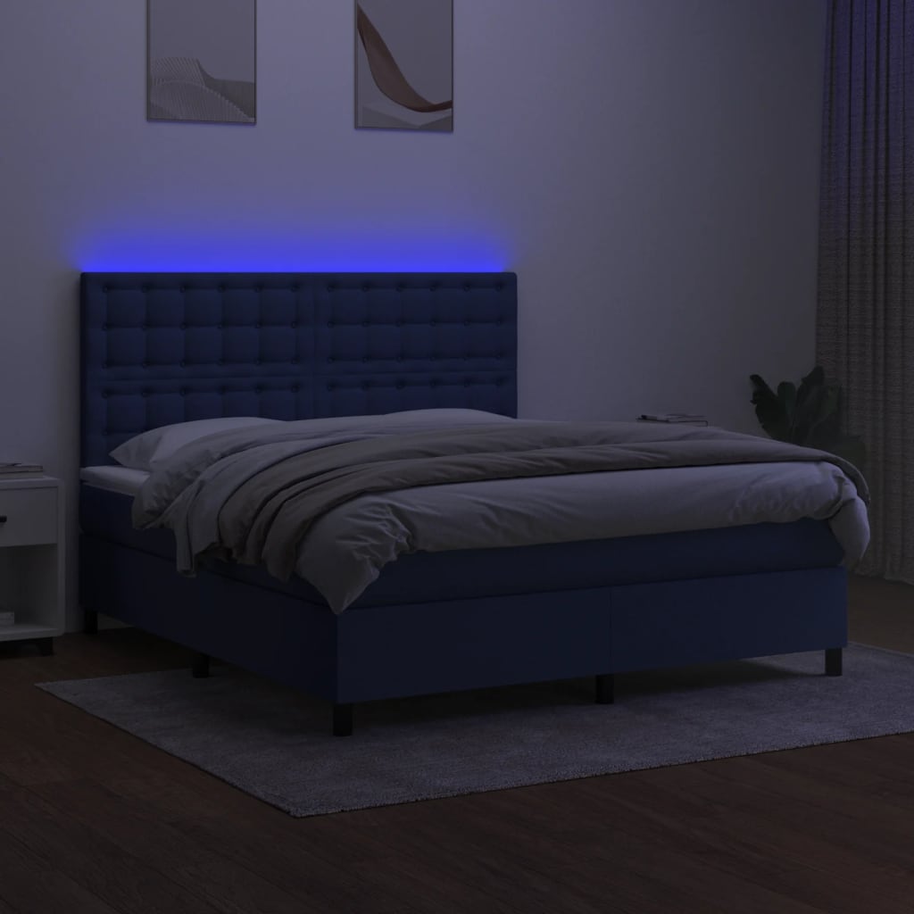 Boxspring Met Matras En Led Stof Blauw 180X200 Cm 180 x 200 cm Knopen