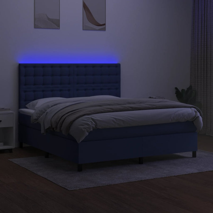 Boxspring Met Matras En Led Stof Blauw 180X200 Cm 180 x 200 cm Knopen