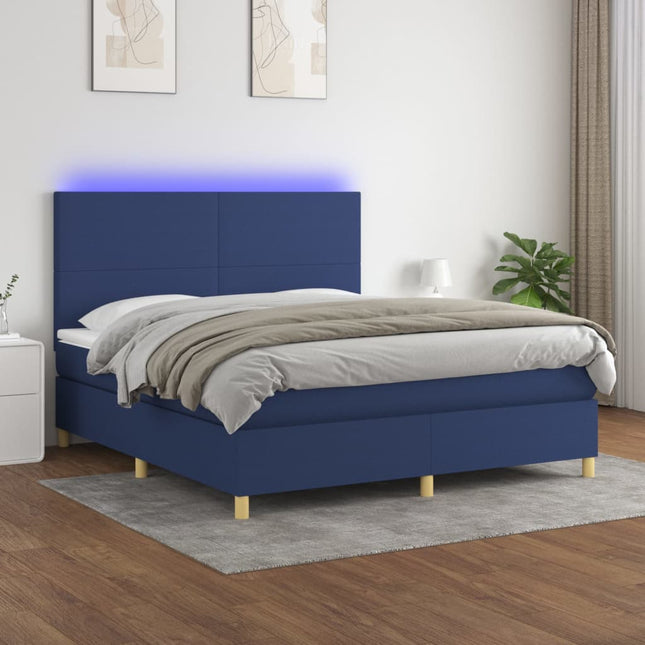 Boxspring Met Matras En Led Stof Blauw 160X200 Cm Blauw 160 x 200 cm Effen ontwerp