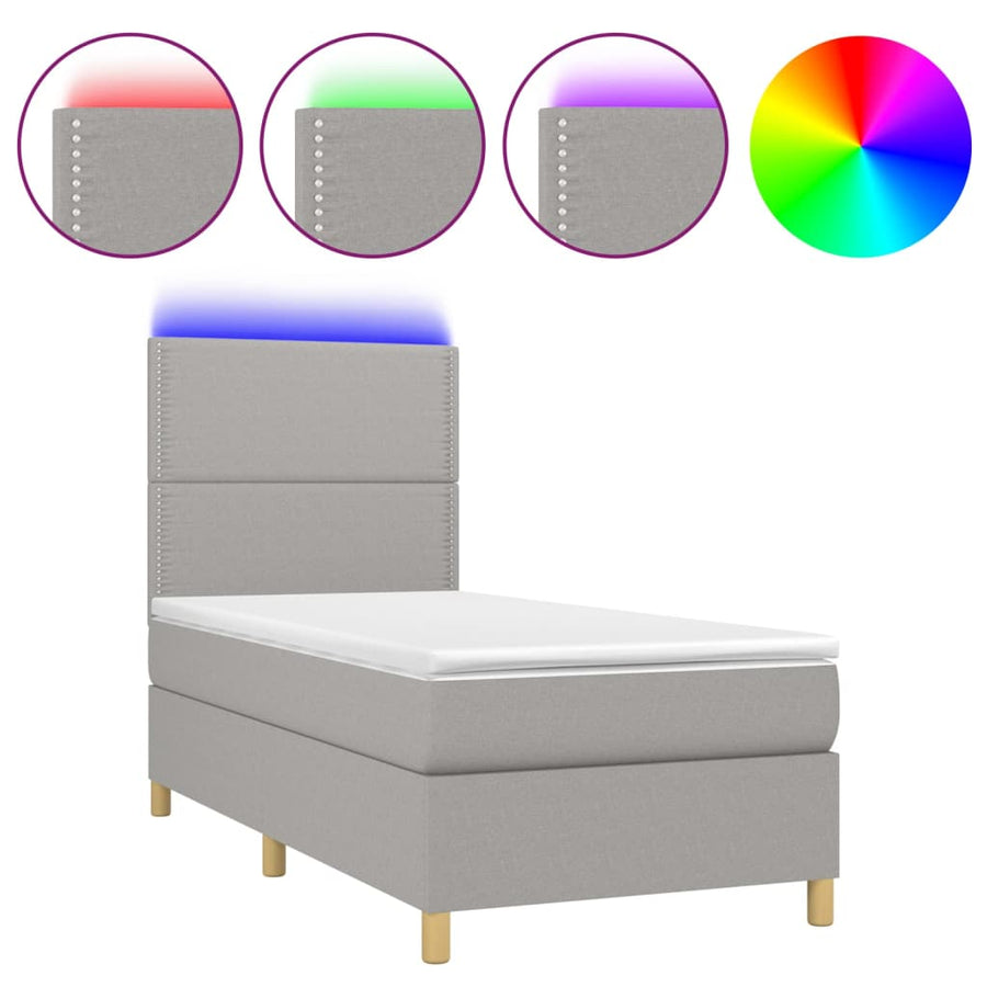 Boxspring Met Matras En Led Stof Lichtgrijs 90 x 190 cm Effen met spijkers