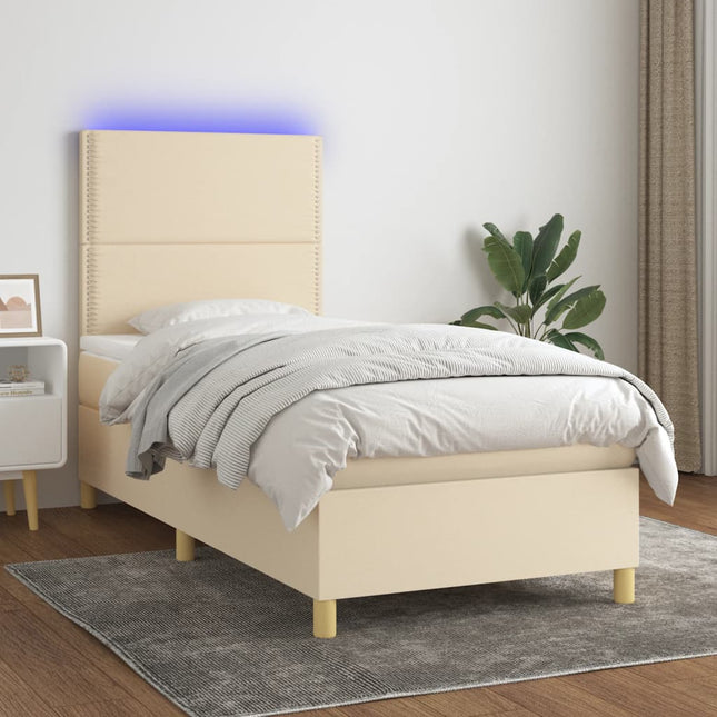 Boxspring met matras en LED stof crèmekleurig 90x190 cm 90 x 190 cm Effen met spijkers