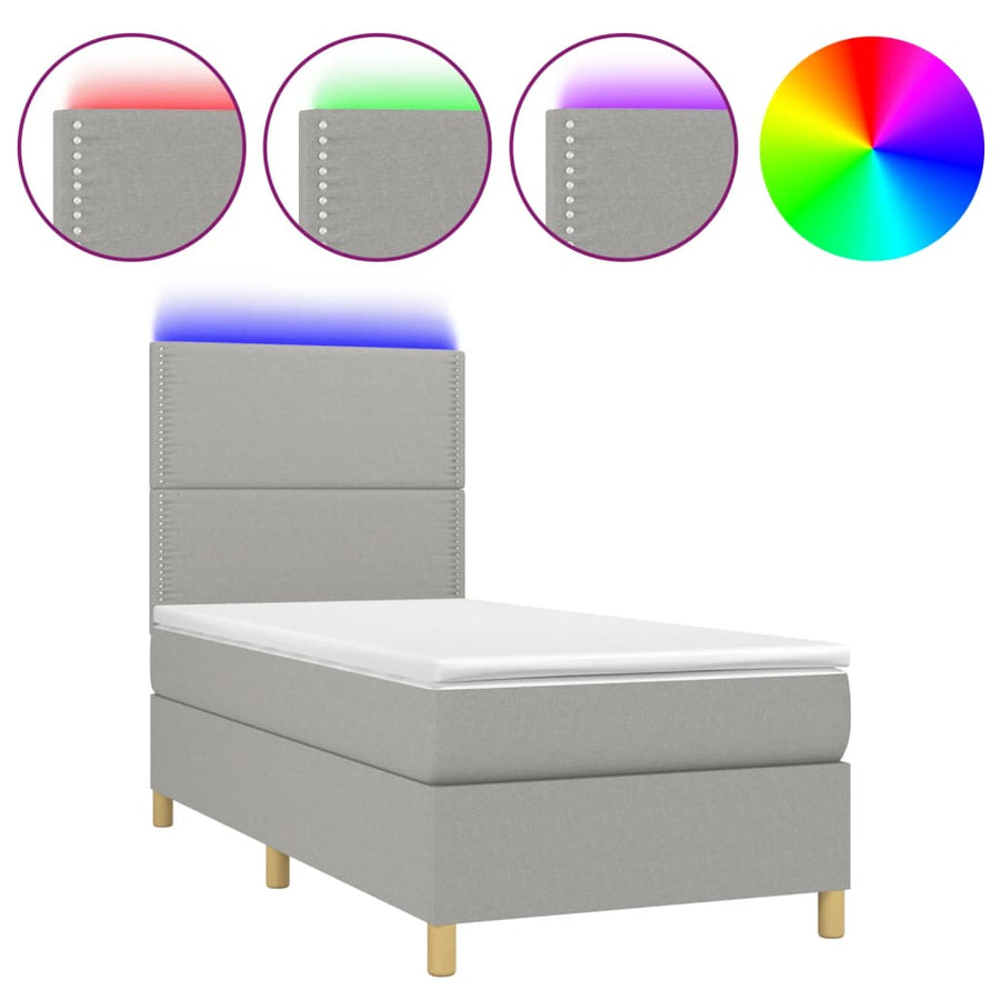 Boxspring Met Matras En Led Stof Lichtgrijs 100 x 200 cm Effen met spijkers