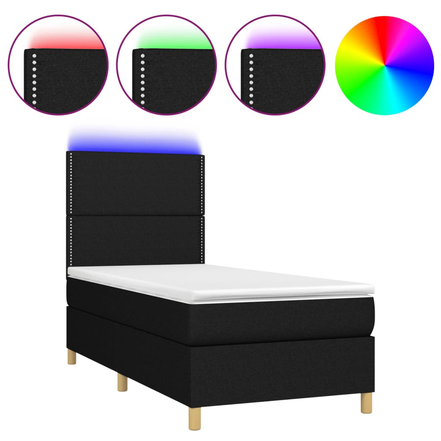Boxspring Met Matras En Led Stof Zwart 100 x 200 cm Effen met spijkers