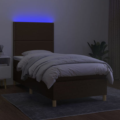 Boxspring met matras en LED stof donkerbruin 100x200 cm 100 x 200 cm Effen met spijkers