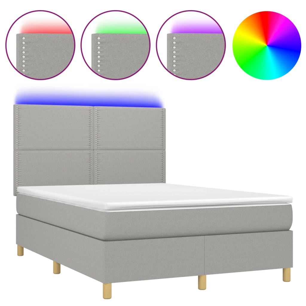 Boxspring Met Matras En Led Stof Lichtgrijs 140 x 190 cm Effen met spijkers
