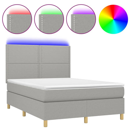 Boxspring Met Matras En Led Stof Lichtgrijs 140 x 190 cm Effen met spijkers