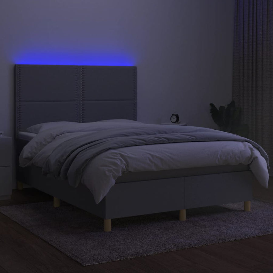 Boxspring Met Matras En Led Stof Lichtgrijs 140 x 190 cm Effen met spijkers