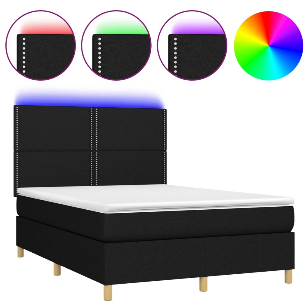 Boxspring Met Matras En Led Stof Zwart 140 x 190 cm Effen met spijkers