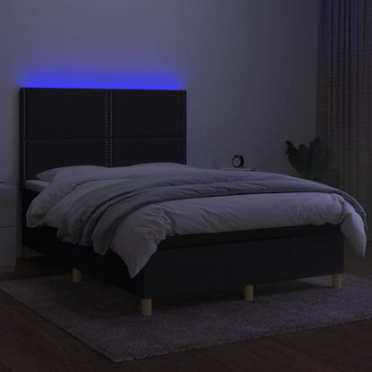 Boxspring Met Matras En Led Stof Zwart 140 x 190 cm Effen met spijkers