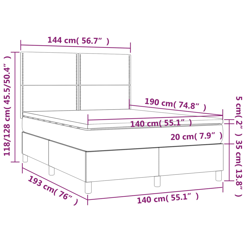 Boxspring Met Matras En Led Stof Zwart 140 x 190 cm Effen met spijkers