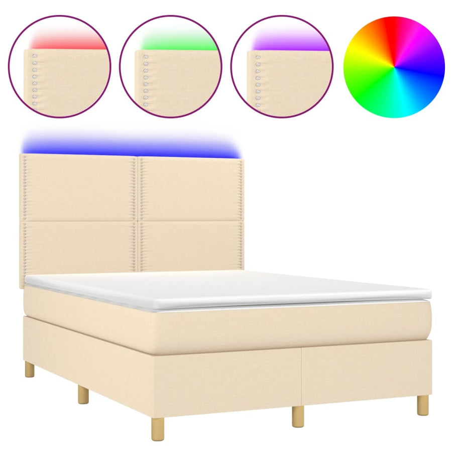 Boxspring met matras en LED stof crèmekleurig 140x190 cm 140 x 190 cm Effen met spijkers