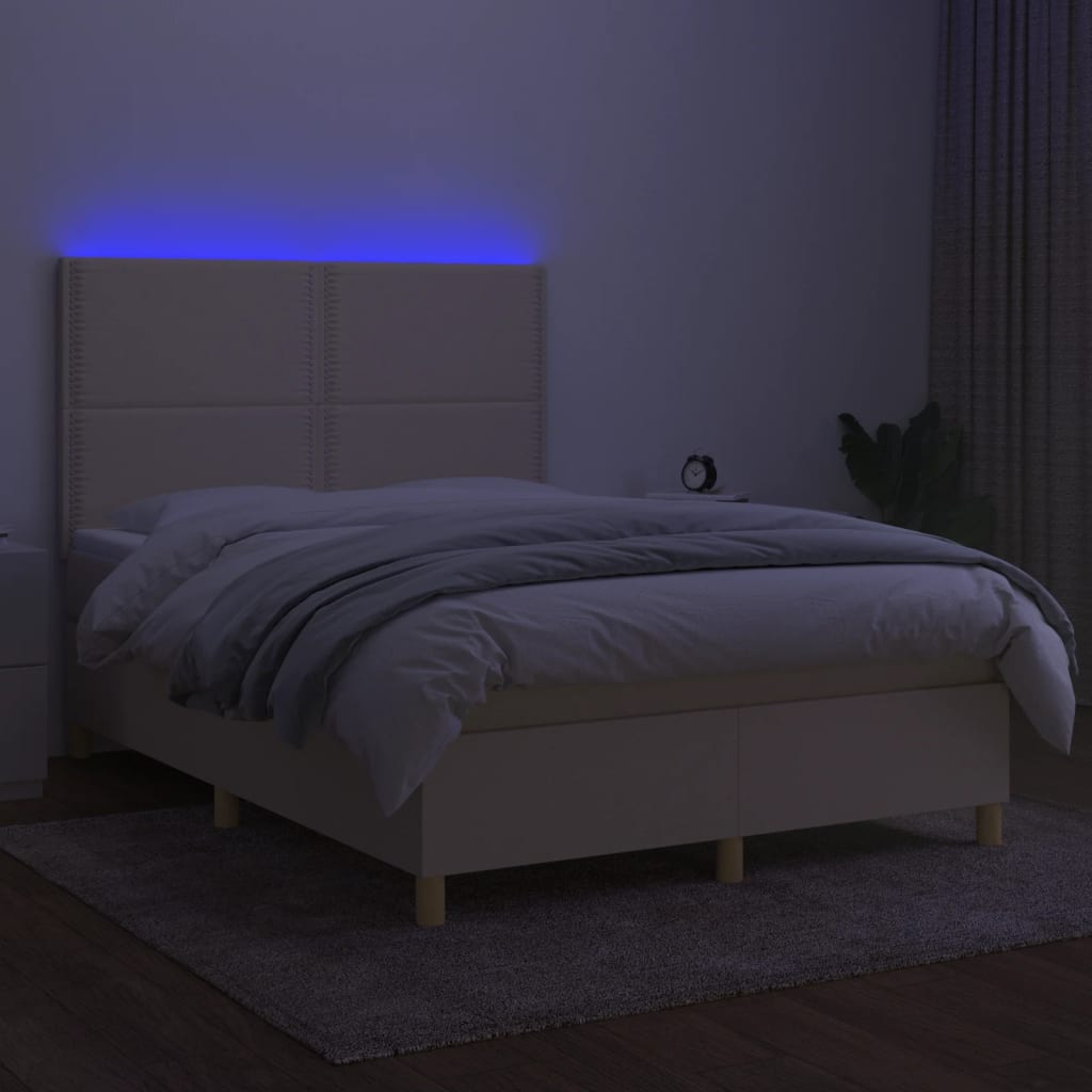 Boxspring met matras en LED stof crèmekleurig 140x190 cm 140 x 190 cm Effen met spijkers