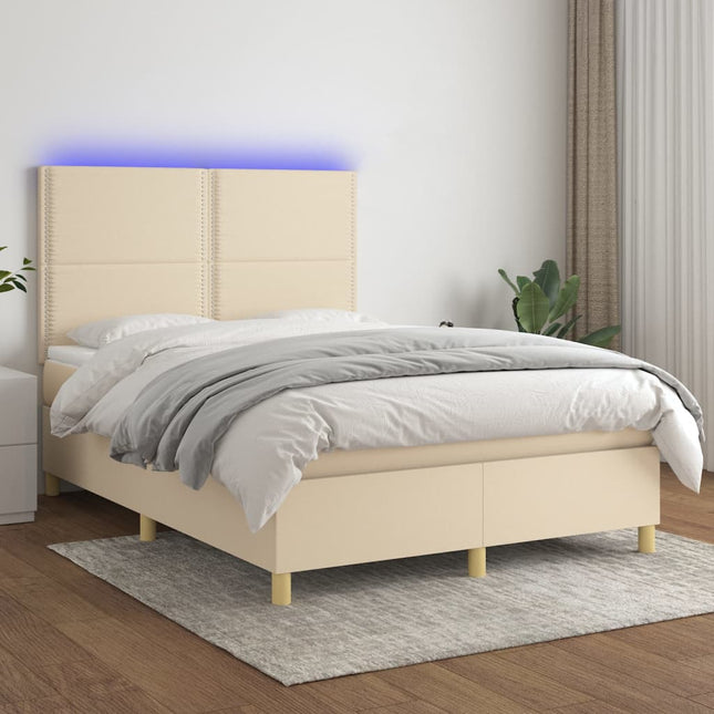 Boxspring met matras en LED stof crèmekleurig 140x190 cm 140 x 190 cm Effen met spijkers