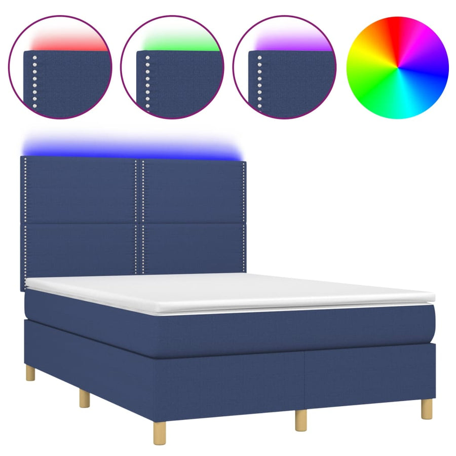 Boxspring Met Matras En Led Stof Blauw 140 x 190 cm Effen met spijkers