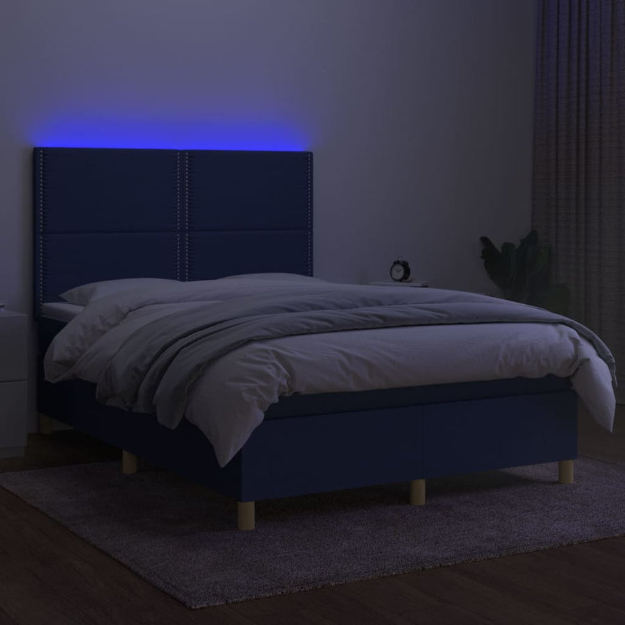 Boxspring Met Matras En Led Stof Blauw 140 x 190 cm Effen met spijkers