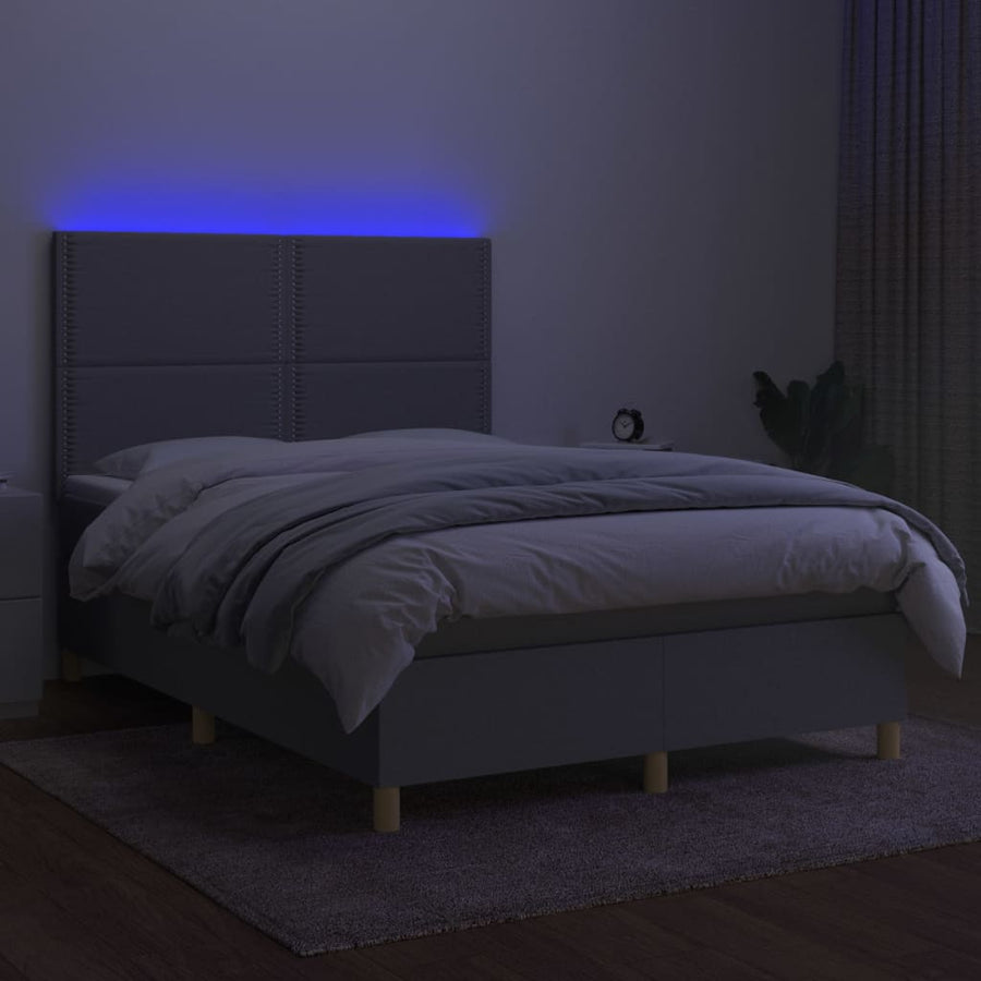 Boxspring Met Matras En Led Stof Lichtgrijs 140 x 200 cm Effen met spijkers