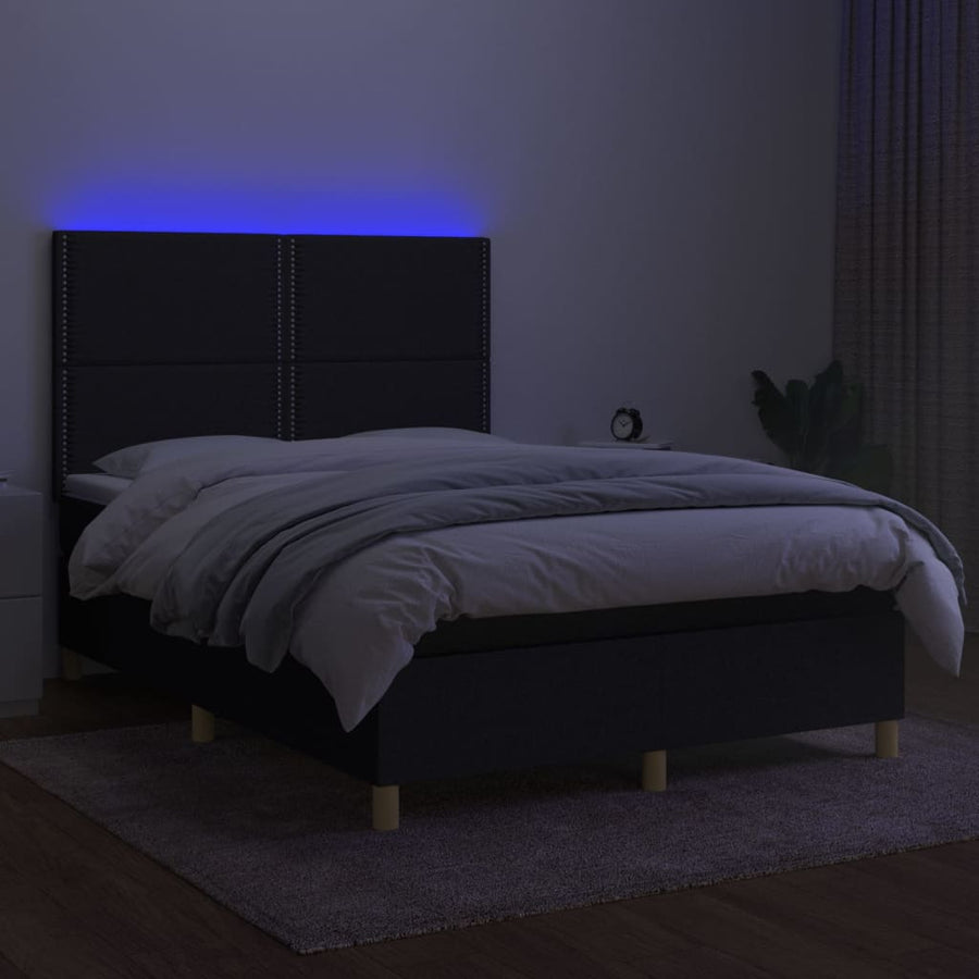 Boxspring Met Matras En Led Stof Zwart 140 x 200 cm Effen met spijkers