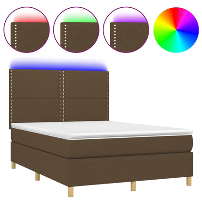 Boxspring met matras en LED stof donkerbruin 140x200 cm 140 x 200 cm Effen met spijkers