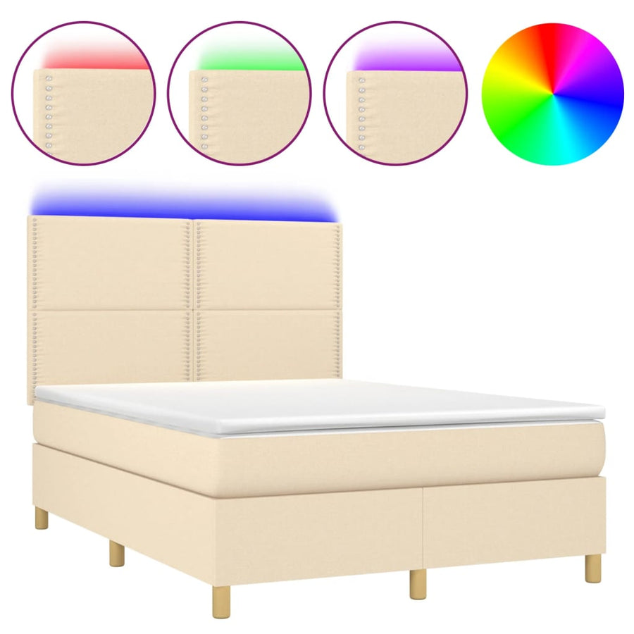 Boxspring met matras en LED stof crèmekleurig 140x200 cm 140 x 200 cm Effen met spijkers