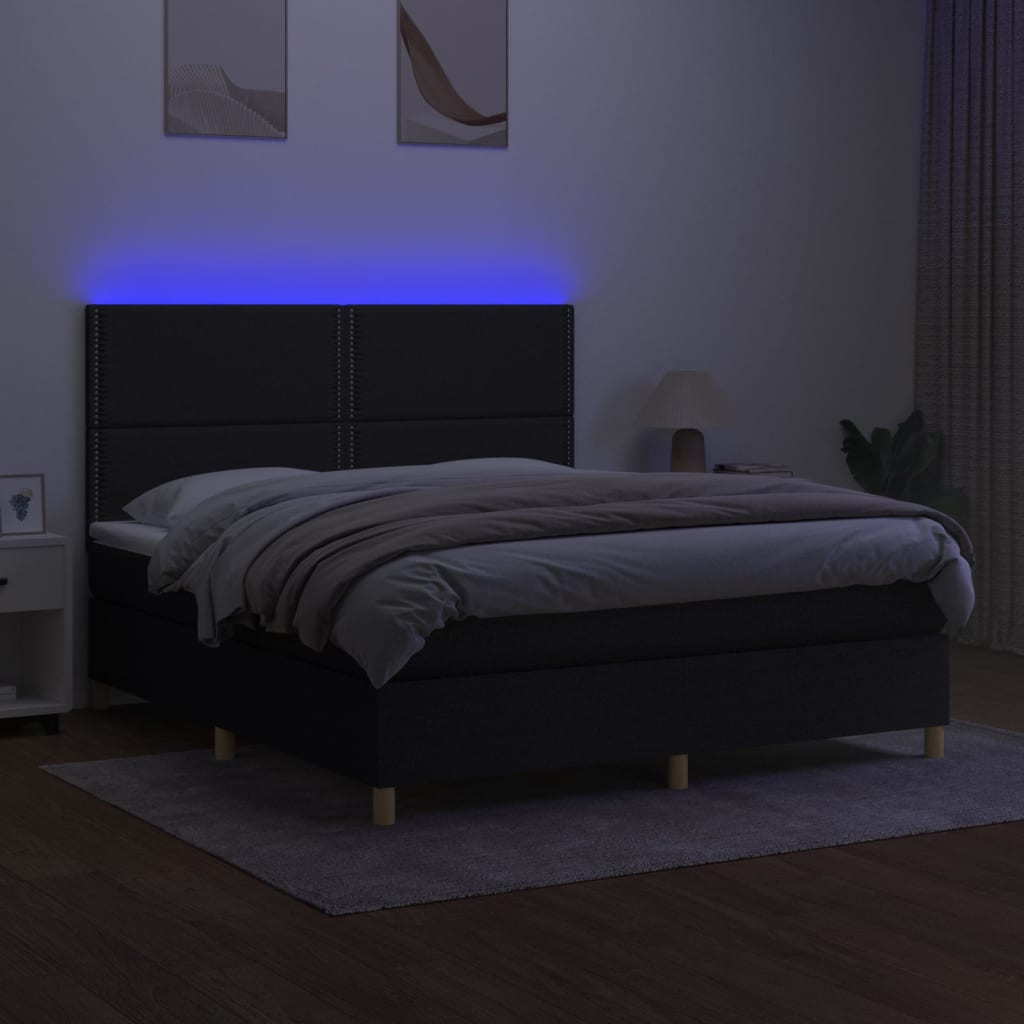 Boxspring Met Matras En Led Stof Zwart 160 x 200 cm Effen met spijkers