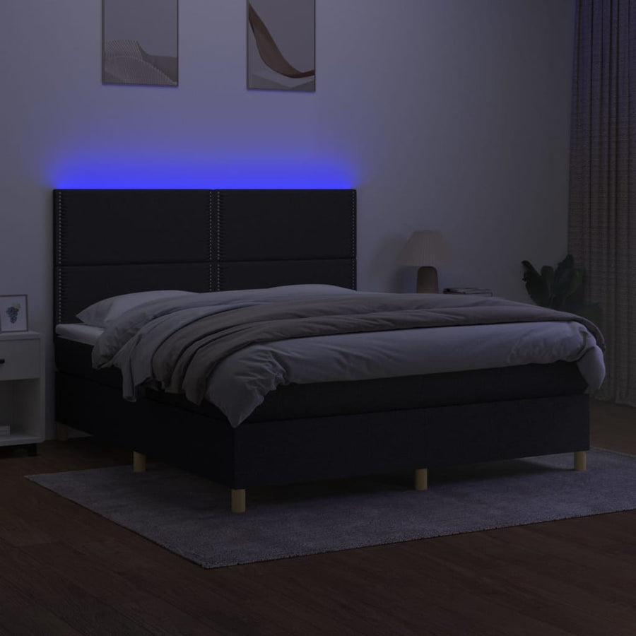 Boxspring Met Matras En Led Stof Zwart 160 x 200 cm Effen met spijkers