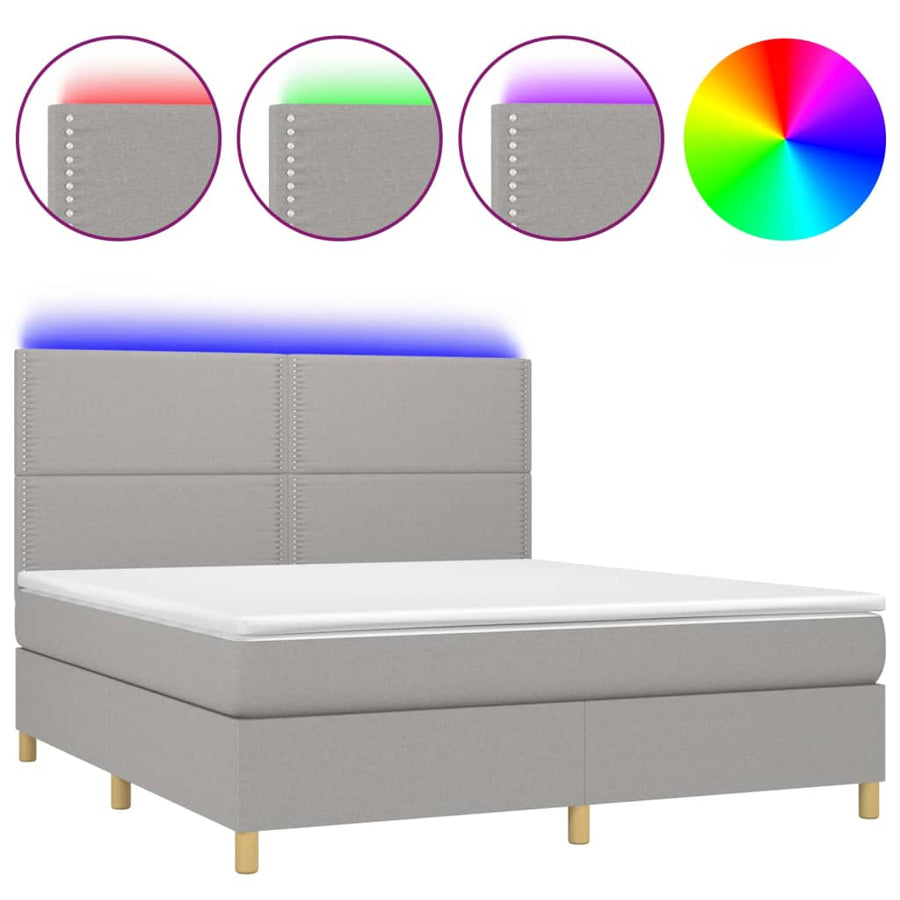 Boxspring Met Matras En Led Stof Lichtgrijs 180 x 200 cm Effen met spijkers