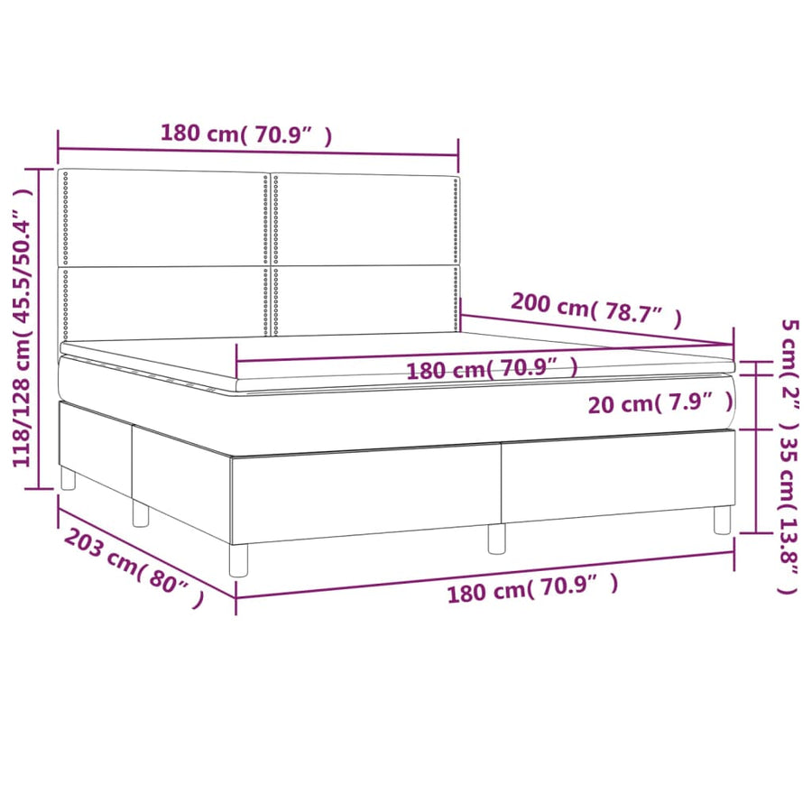Boxspring Met Matras En Led Stof Lichtgrijs 180 x 200 cm Effen met spijkers