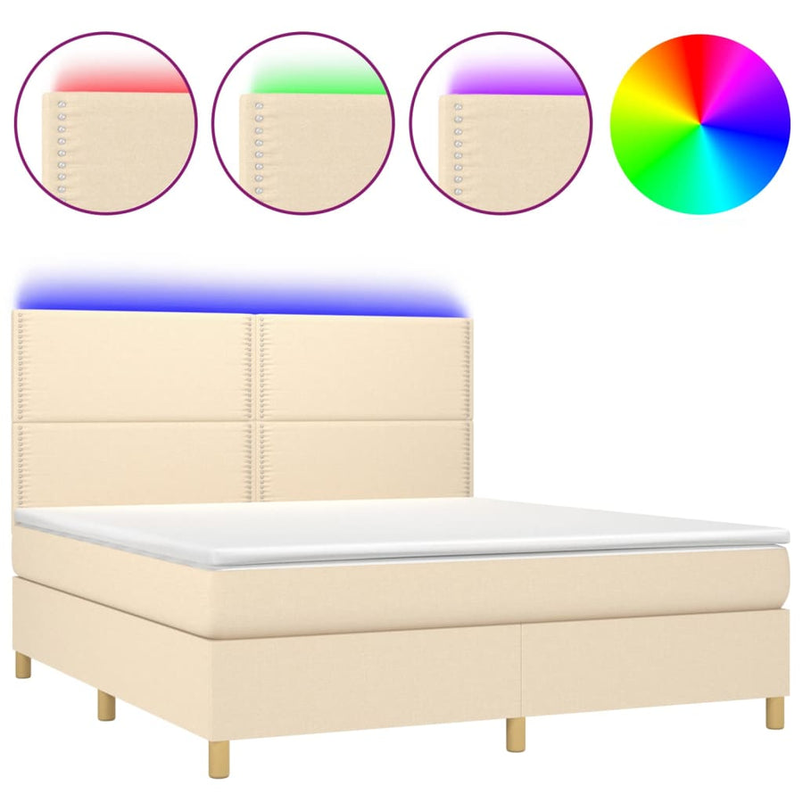 Boxspring Met Matras En Led Stof Crèmekleurig 180X200 Cm 180 x 200 cm Effen met spijkers