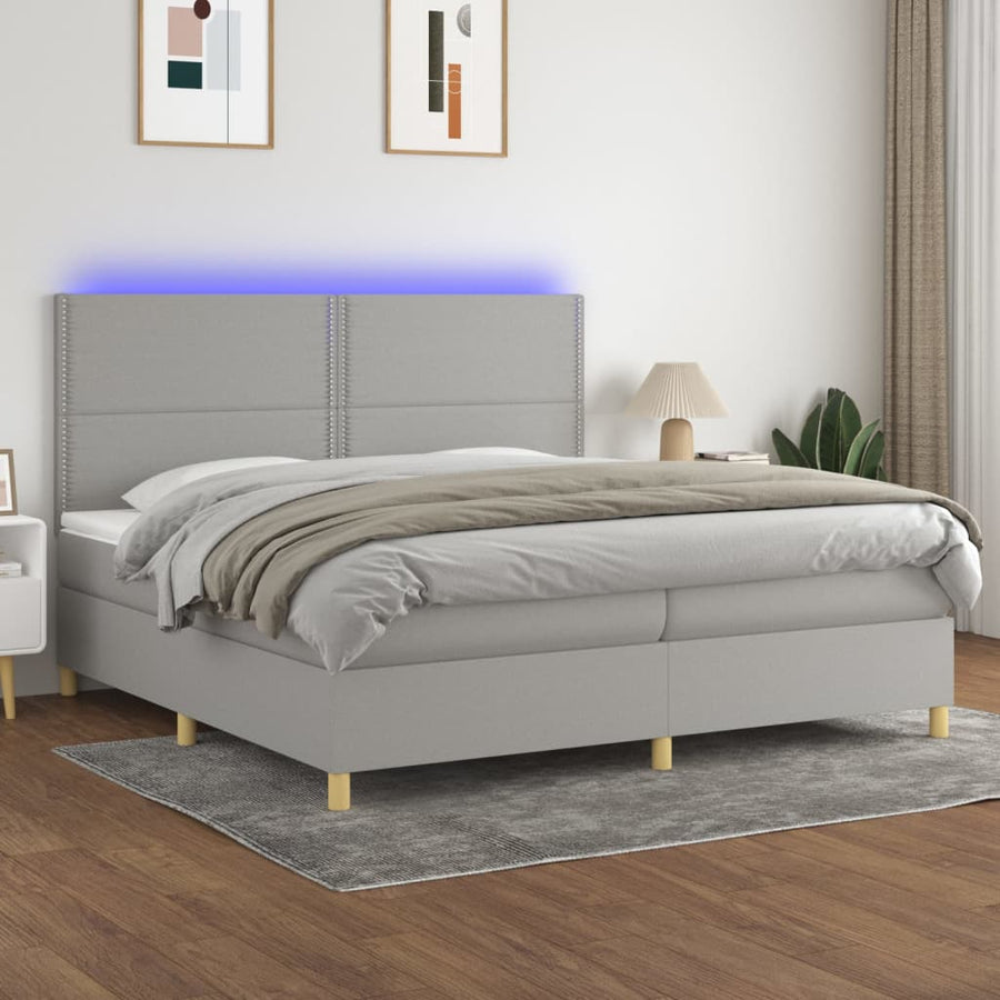 Boxspring Met Matras En Led Stof Lichtgrijs 200 x 200 cm Effen met spijkers