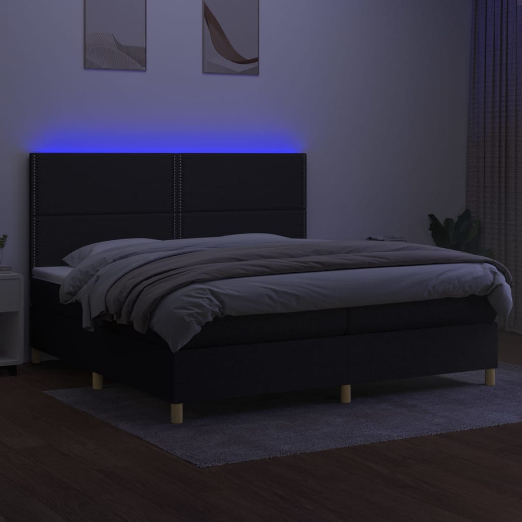 Boxspring Met Matras En Led Stof Zwart 200 x 200 cm Effen met spijkers