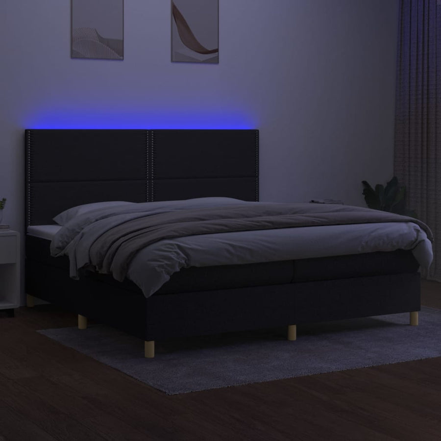 Boxspring Met Matras En Led Stof Zwart 200 x 200 cm Effen met spijkers