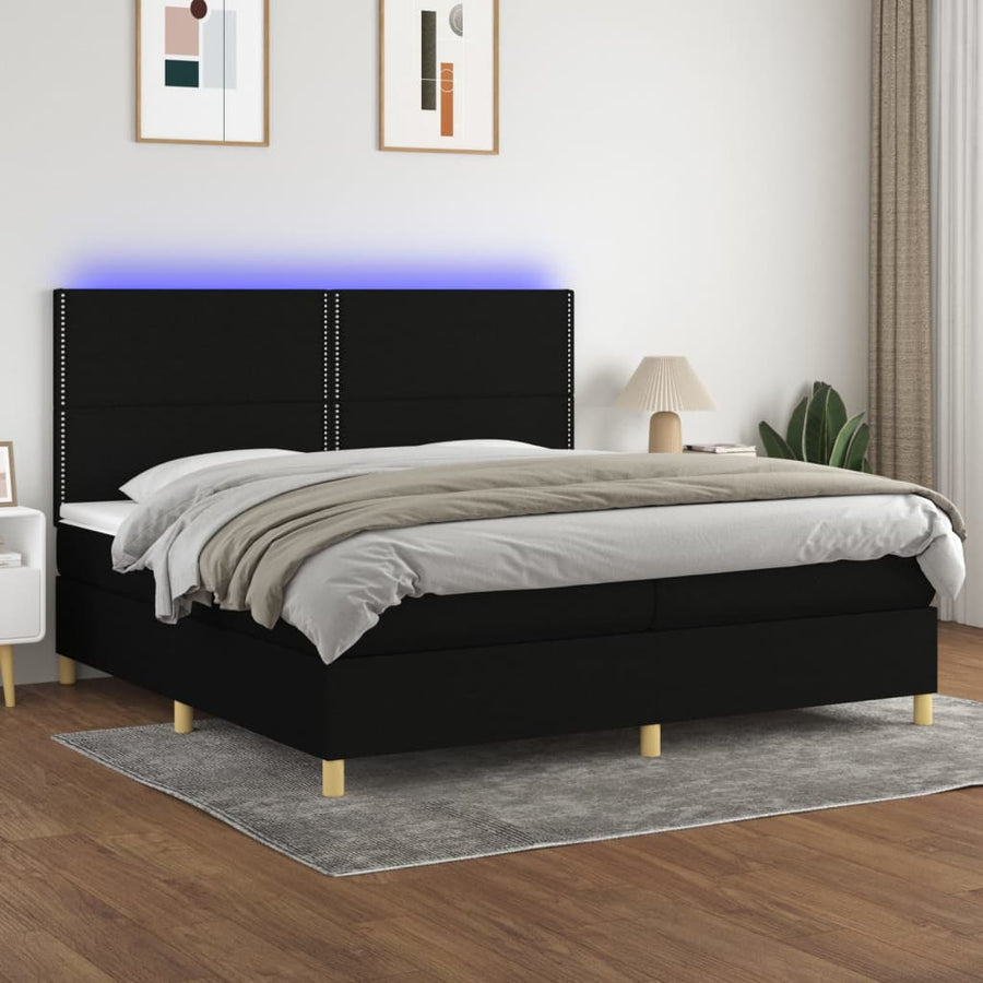 Boxspring Met Matras En Led Stof Zwart 200 x 200 cm Effen met spijkers