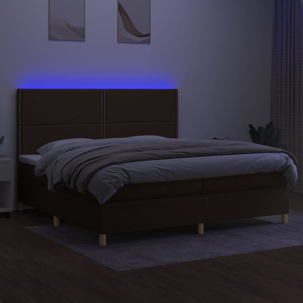 Boxspring Met Matras En Led Stof Donkerbruin 200 x 200 cm Effen met spijkers