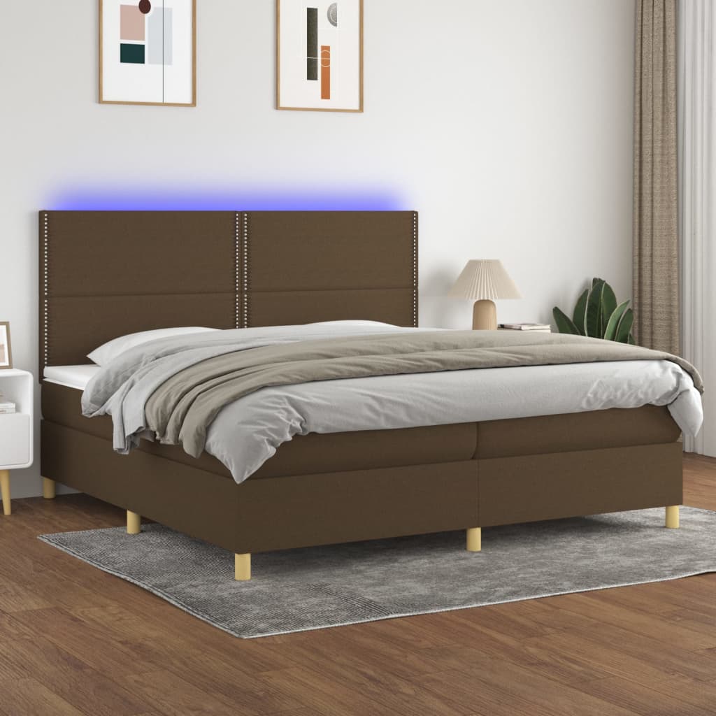 Boxspring Met Matras En Led Stof Donkerbruin 200 x 200 cm Effen met spijkers
