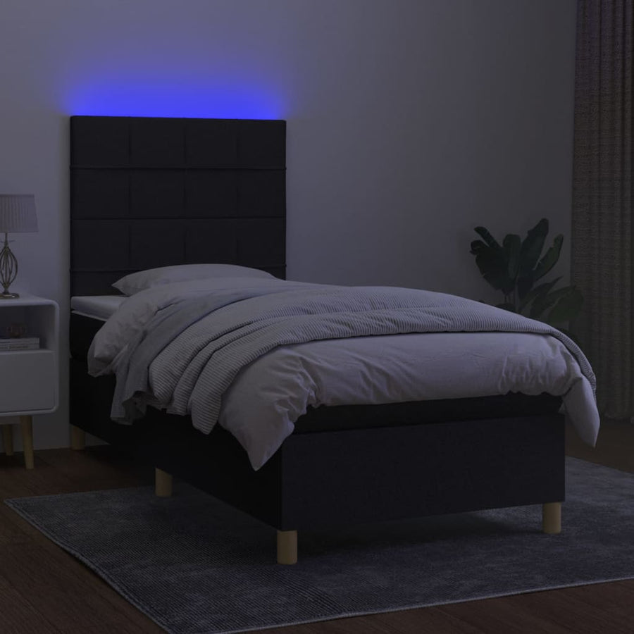 Boxspring Met Matras En Led Stof Zwart 80 x 200 cm Blok met vierkanten