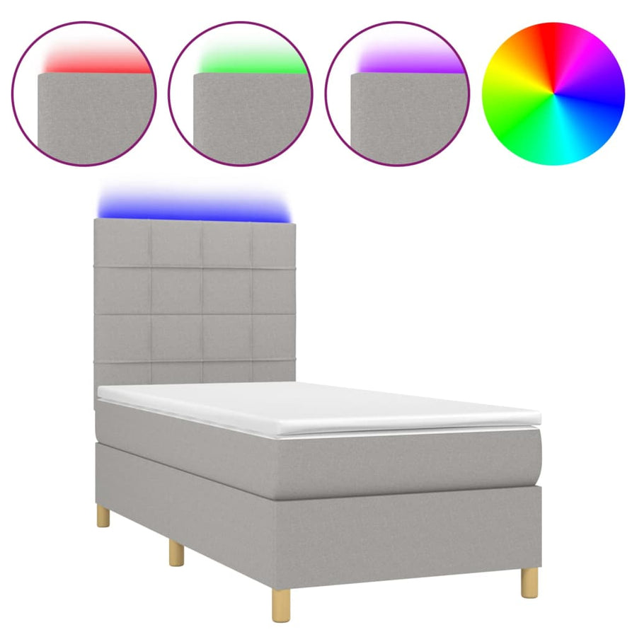 Boxspring Met Matras En Led Stof Lichtgrijs 90 x 190 cm Blok met vierkanten