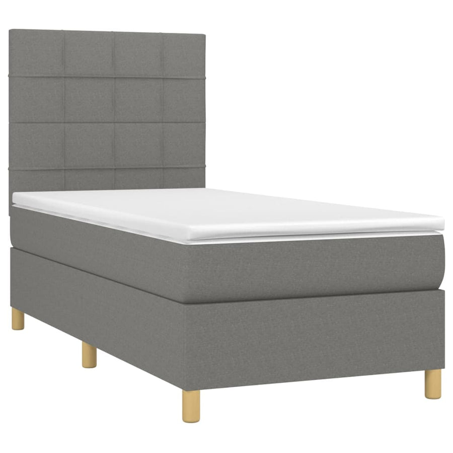 Boxspring Met Matras En Led Stof Donkergrijs 90 x 190 cm Blok met vierkanten