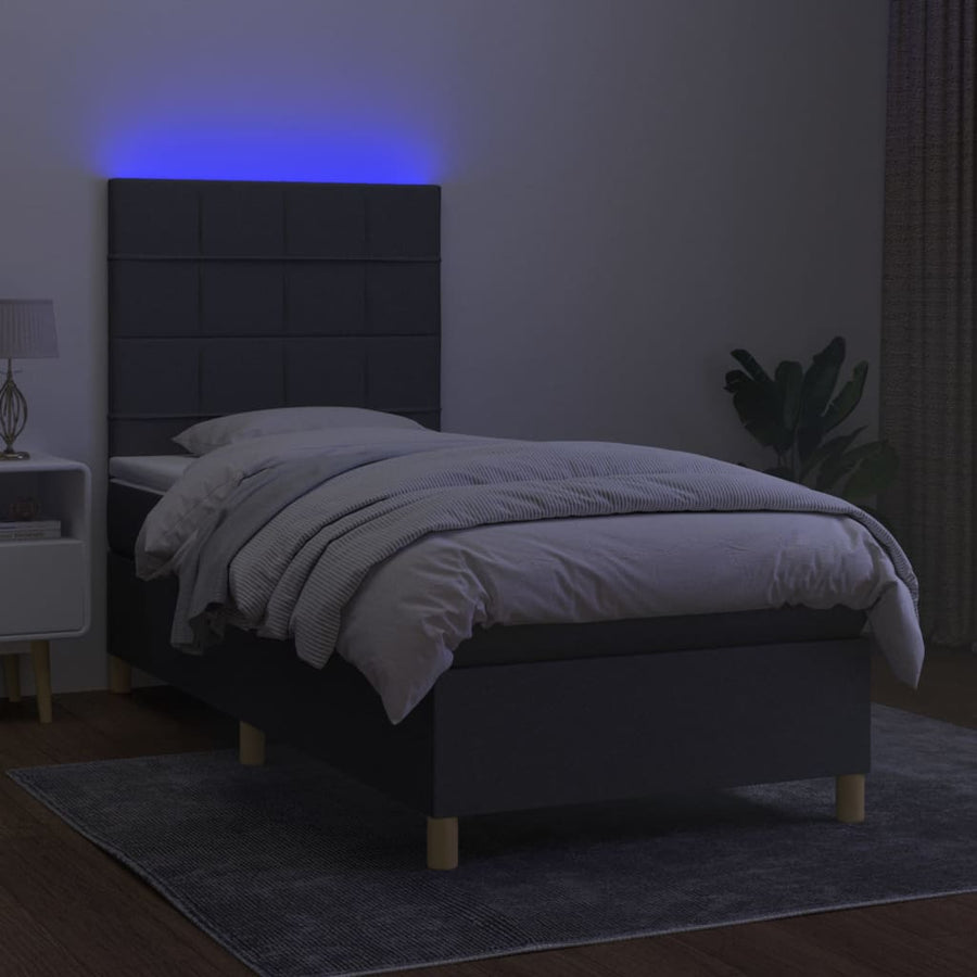 Boxspring Met Matras En Led Stof Donkergrijs 90 x 190 cm Blok met vierkanten